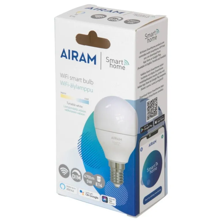 Airam SmartHome WiFi LED-lampa P45, E14 5 W 470 lm 2700–6500 K, opal