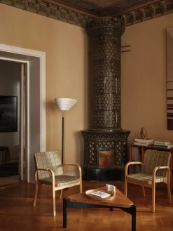 Artek Aalto Fåtölj 45, honung - lövgrönt kviltat läder - rottingfläta