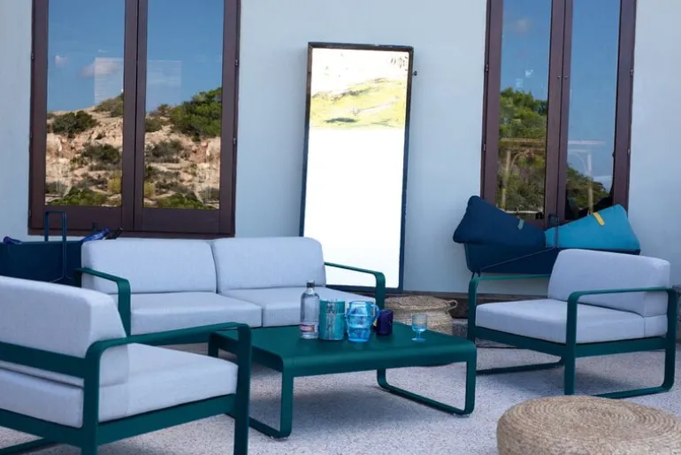 Fermob Bellevie 2-sitsig soffa, acapulco blue - flanellgrå