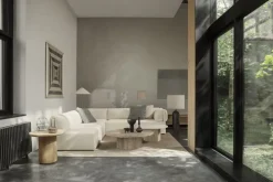 GUBI Epic soffbord, runt, 110 cm, varm taupe travertin