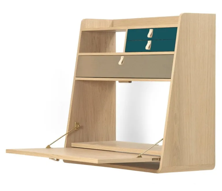 Hartô Gaston väggskrivbord, 80 cm, ek - mässing - petrolblå