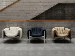 Hem Puffy fåtölj, sandfärgat läder - gråsvart stål