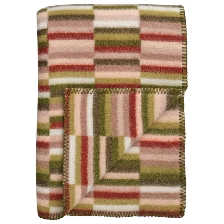 Røros Tweed Ida filt, 135 x 200 cm, oliv - vinröd