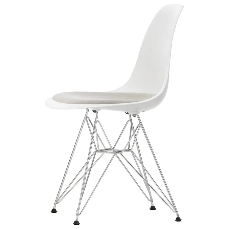 Vitra Eames DSR stol, cotton white-krom-varmgrå/elfenbensfärgad dyna